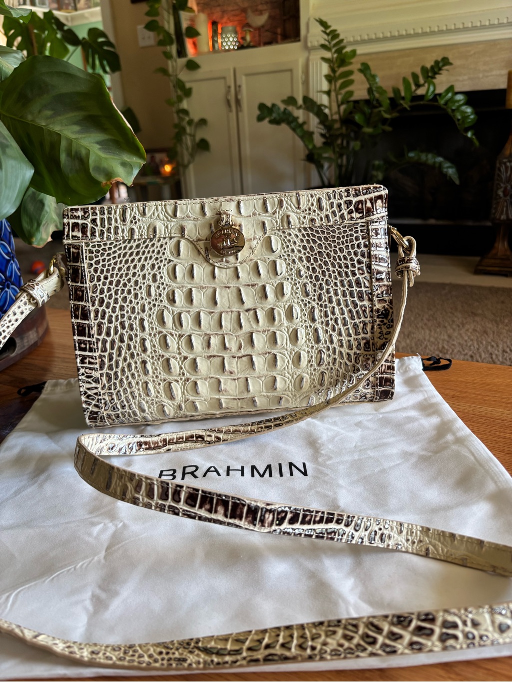 Brahmin Ivory Croc-Embossed Crossbody With Dark Trim
